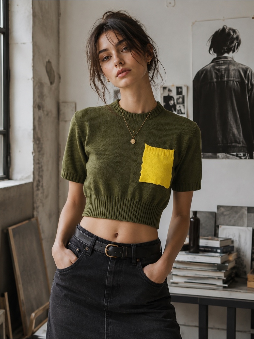 Zara NWT Olive Green Cropped Knit Top Yellow Pocket Artsy Grunge | Size M |